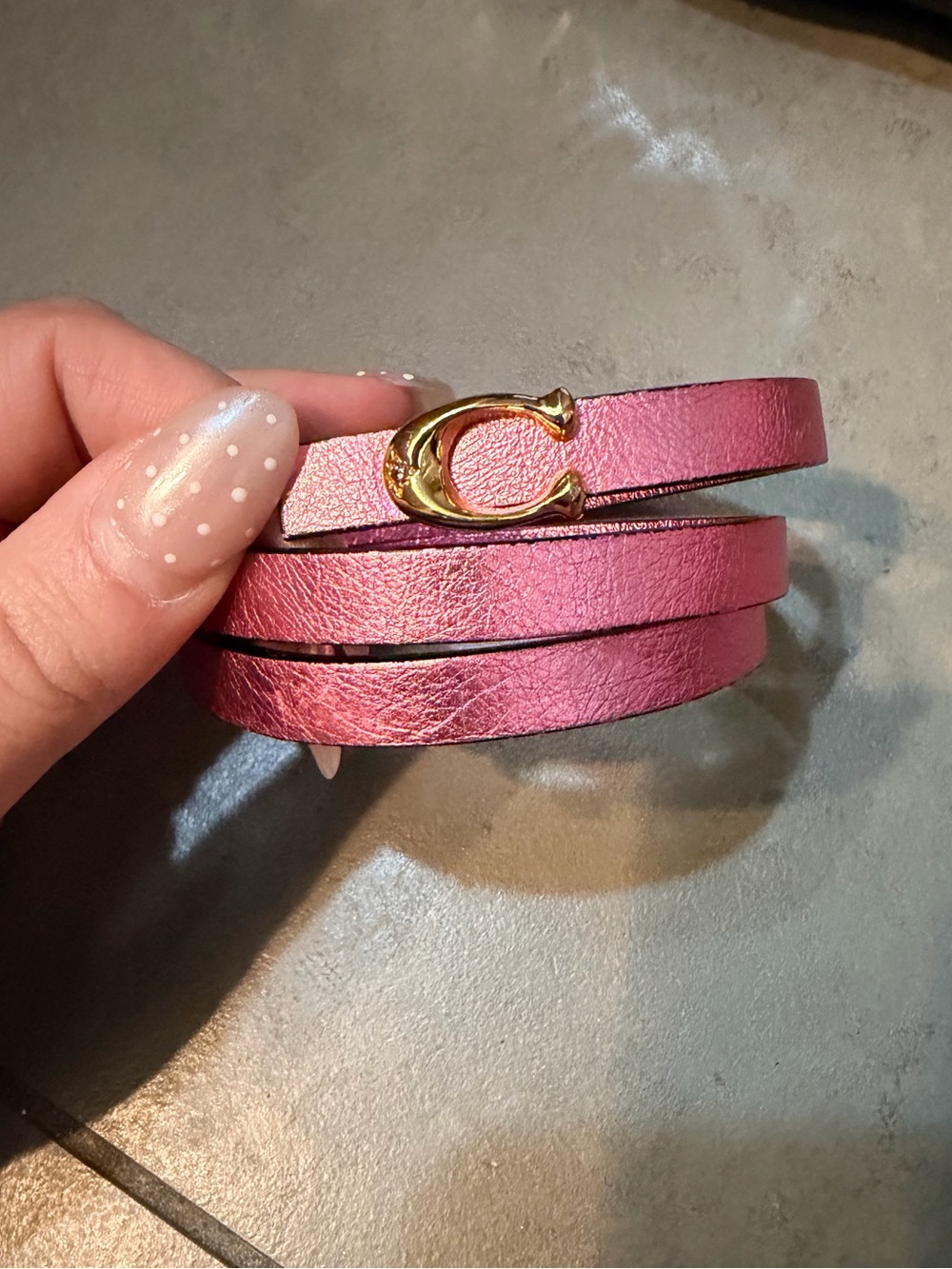 Coach Pink Leather Wrap Bracelet with Gold 'C' Accent